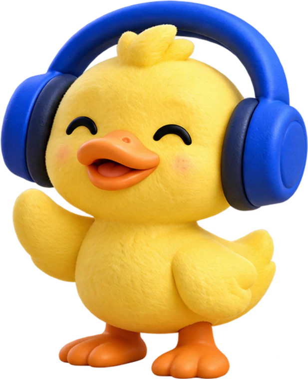 Ducky, a yellow duck with blue headphones